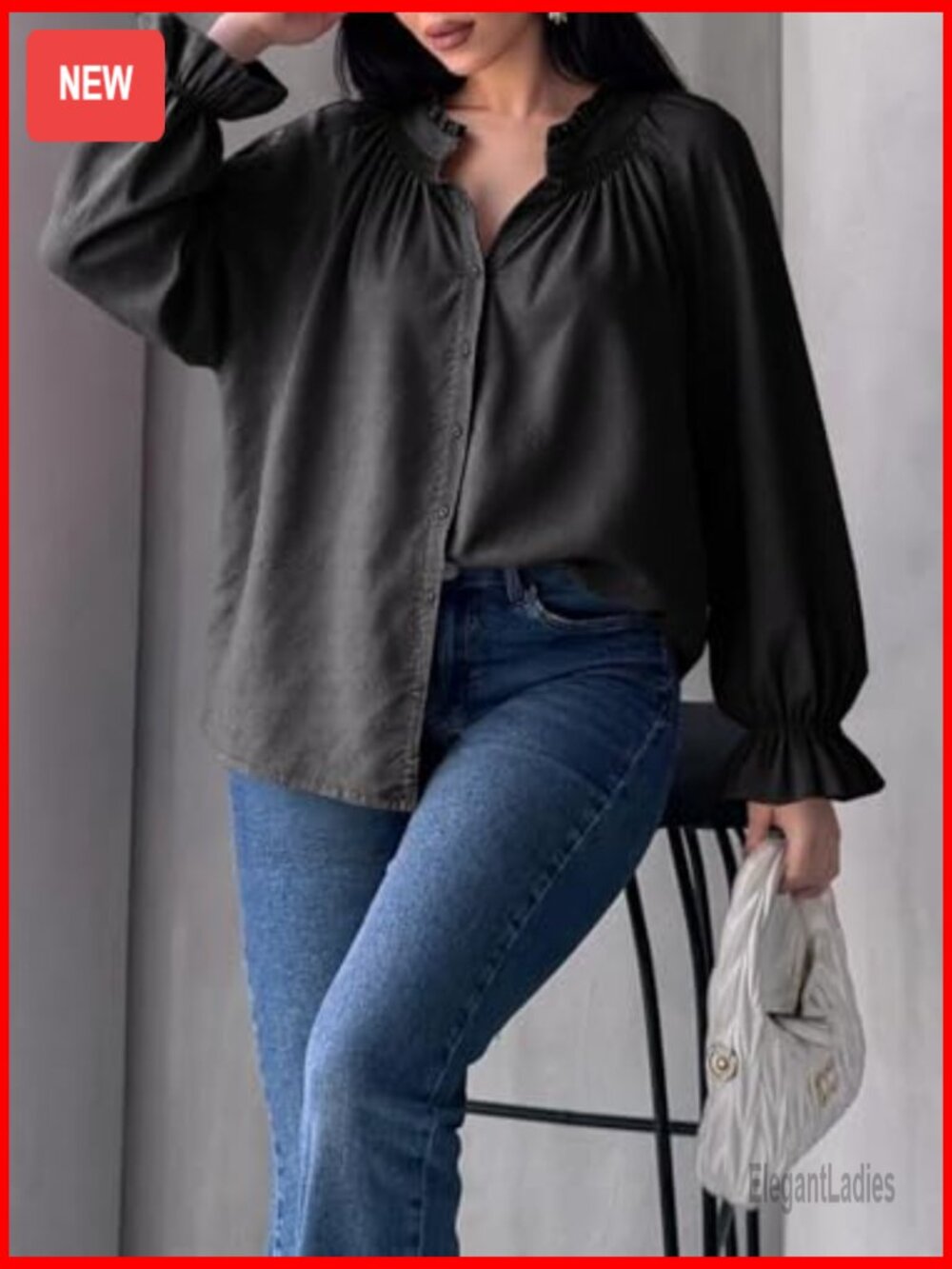 Puff Long Sleeve Button Down Shirt Pleated V Neck Cotton Blouse Loose Fit - Picture 4 of 7